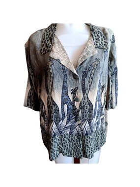 Vintage Elephant Blouse Large 1980s Womens Green Rayon Printed by Sea Suns Top L